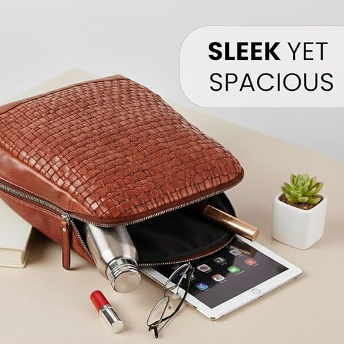 Image of 12.5 Inch Genuine Leather Backpack for Women and Men, Cognac Leather Backpack with Adjustable Shoulder Strap