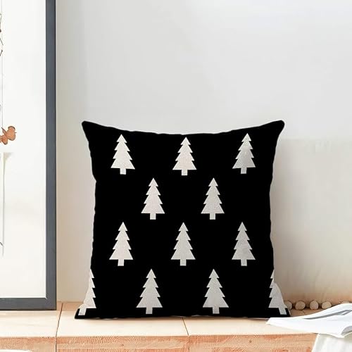 Miniatura 3 de Juego de 2 fundas de almohada de Navidad de 18 x 18 pulgadas, diseño geométrico de árbol de Navidad en blanco y negro, fundas de almohada de lino