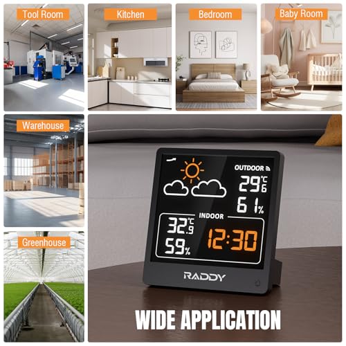 Raddy WF-50V Indoor Outdoor Thermometer Hygrometer, Wireless Weather Station Temperature & Humidity Monitor with 5.0’’ VA Display, USB-C Powered, Weather Forecast, Wireless Remote Sensor (Black) - Image 7