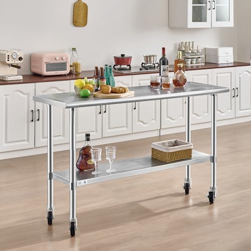 Image of ROCKPOINT Stainless Steel Table for Prep & Work with Caster Wheels 18x60 Inches, NSF Metal Commercial Kitchen Heavy Duty Table with Adjustable Under Shelf and Table Foot for Restaurant, Home and Hotel