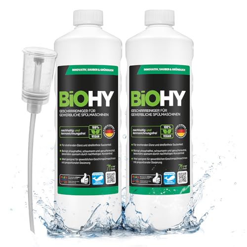 BiOHY Geschirrreiniger für gewerbliche Spülmaschinen (2 x 1 liter) + Dosierer | Maschinenspülmittel für Geschirr | ergiebig, flüssig & phosphatfrei | für Gastro & Gewerbe | Spülmaschinenreiniger
