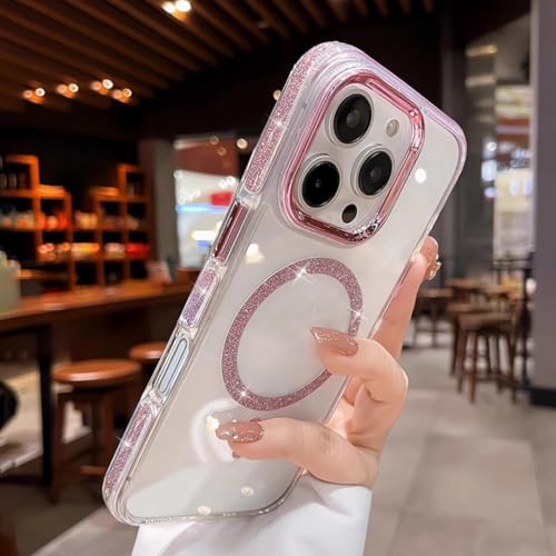Coque iPhone 13 magnétique rose pailletée cadeau idéal pour charge induction