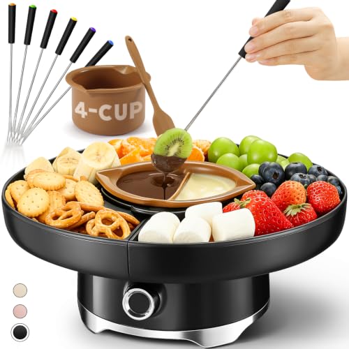Image of LUSHYUM Electric Chocolate Fondue Set, 4-Cup Chocolate, Rotating Tray | Melt & Warm Modes, Dual Silicone Inserts, 6 Color-Coded Forks, Easy-Clean, Ideal for Candy Melts, Couple Family, Date Night