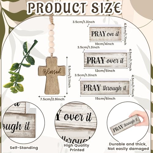 Image of Moucuny 4 Pcs Christian Table Decor Wooden Cross Wooden Bible Verse Sign Inspirational Religious Christian Centerpiece Pray Block Signs Farmhouse Table Decoration for Mother's Day