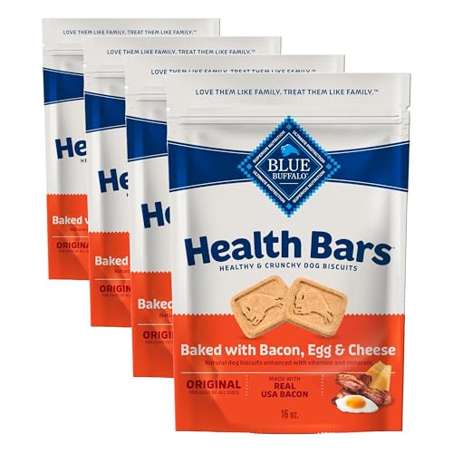 Image of Blue Buffalo Health Bars Bacon, Egg & Cheese Crunchy Dog Biscuits, Oven-Baked with Real Bacon & Natural Ingredients, Healthy Dog Treats with No Artificial Flavors or Preservatives, 16 oz. (Pack of 4)