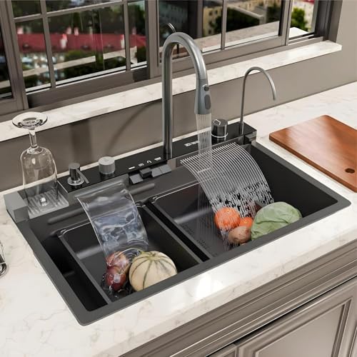 Image of THE SINK SHOP Piano Switch Stainless Steel Multifunction Kitchen Sink 30x18x10 LED Digital Display & RO Tap Multifunctional Sink | Honeycomb Design Smart Sink with Waterfall Faucet