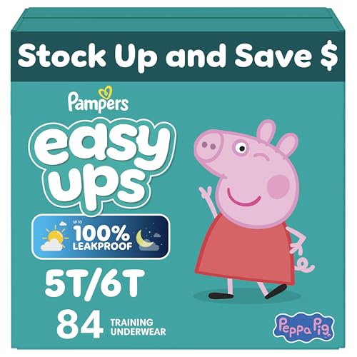 Easy Ups Girls & Boys Potty Training Pants, Size 5T-6T, 84 Count, Peppa Absorbent Training Underwear, Up to 100% Leakproof Day and Night, Hypoallergenic (Packaging May Vary)