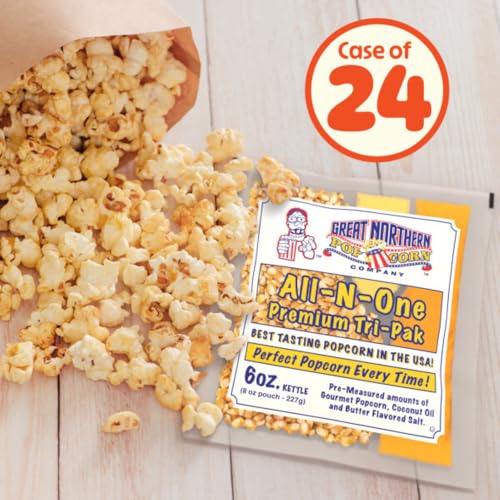 Image of 6oz Popcorn Machine Popcorn Packets - All-in-One Movie Theater Style Popcorn Kernels, Salt, and Oil Packs by Great Northern Popcorn, 6 Ounce (Pack of 24)