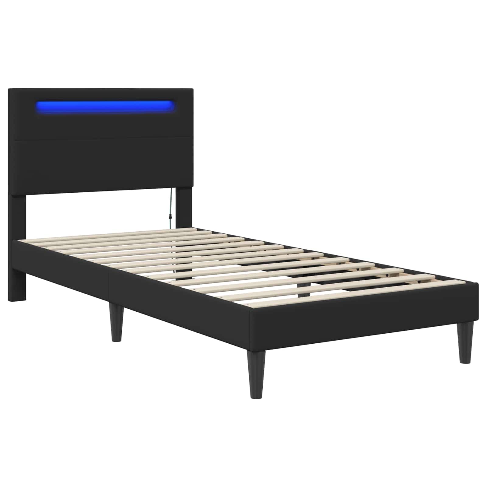 Marco de cama con tiras de luz LED, color negro, 90 x 190 cm, piel sintética, marco de cama moderno con fuente de alimentación USB para dormitorio, somier de láminas estable, patas de ahorro