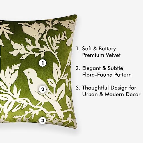 Image of Birds Designer Printed Velvet Cushion Cover | Decorative Cushion Cover | Modern & Trendy | for Sofa Chair Bedroom | Set of 1 (16 x 16 Inch, Green & Cream)