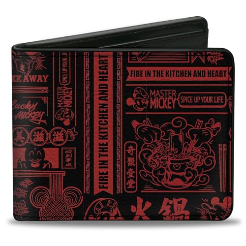 Buckle-Down Men's Disney Wallet, Bifold, Mickey Mouse Tasting China Collage Black Red, Vegan Leather, 4.0