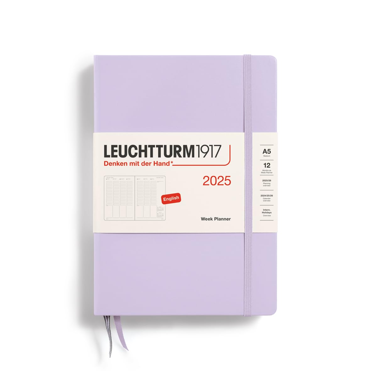LEUCHTTURM1917 370794 Weekly Planner 2025, Medium A5 Hardcover - 12-Month Calendar, Lined - Lilac, English