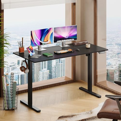 Image of DEVAISE 55 Inch Electric Standing Desk, 3 Adjustable Computer Desk for Home Office, Ergonomic Sit to Stand Desk with LED Touchscreen,Headphone Hook, 3 Memory Preset, with Split Top, Black