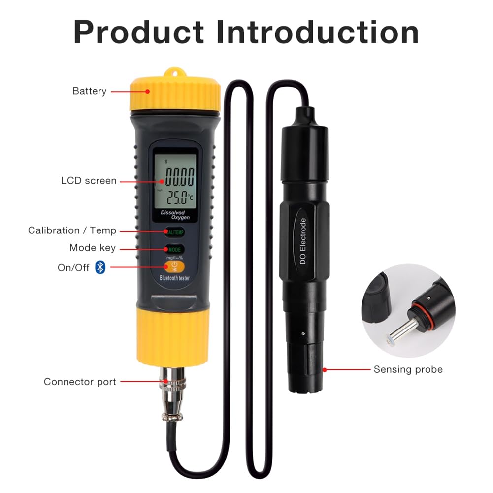 Misuratore di Ossigeno Disciolto Bluetooth con Display LCD Digitale Professionale per la Qualità 'Acqua 0.0‑20.0mg/L 0°C-50°C Misuratore di Temperatura