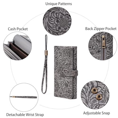 Image of Wristlet Wallet for Women Leather Clutch Purse Trifold Card Holder RFID Blocking Large Capacity Grey