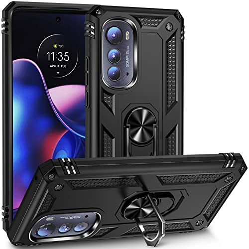 Military Grade Drop Impact for Moto Edge 2022 Case 360 Metal Rotating Ring Kickstand Holder Armor Heavy Duty Shockproof Case for Motorola Moto Edge 2022 Phone Case (Black)