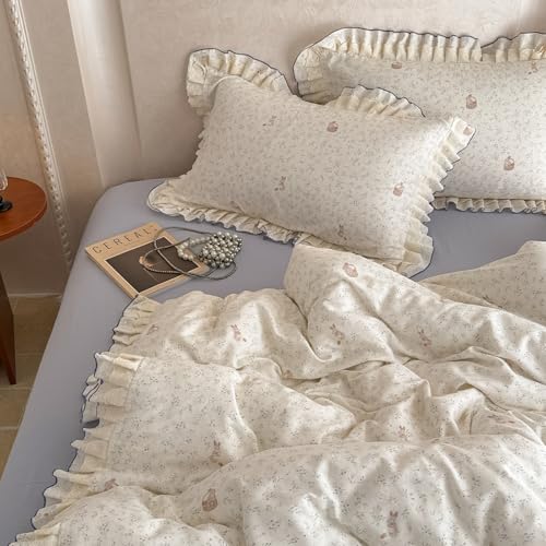Image of VM VOUGEMARKET Cute Rabbit Duvet Cover Twin with Ruffles Botanical Flower Duvet Cover with Zipper Ties Soft Muslin Cotton Romantic Girls Lace Comforter Cover with 2 Pillow Shams