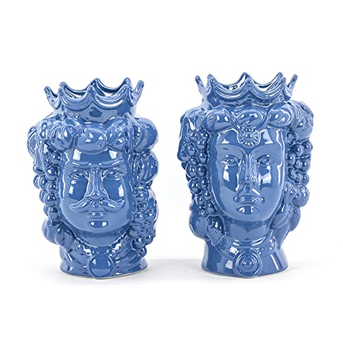 CEAR ceramiche - Coppia Teste di moro siciliane H cm 25 Blu in ceramica di Caltagirone fatte a mano