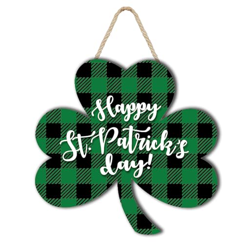SCYPRUTH Happy St Patrick Day Wooden Sign Green Buffalo Plaid Shamrock Decorations St Patrick Day Door Hanging for St Patrick Day Decor