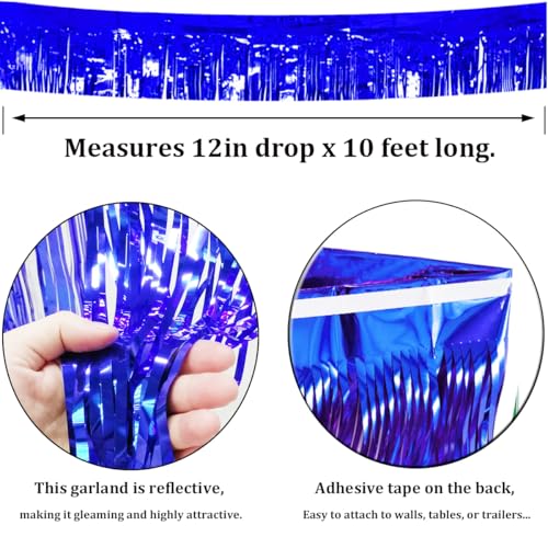 Image of 4 Pack Royal Blue Total 40 Feet Foil Fringe Garland Metallic Tinsel Banner Wall Hanging Drapes Parade Float Skirting Decorations for Trailer Mardi Gras Party Birthday Wedding Baby Shower