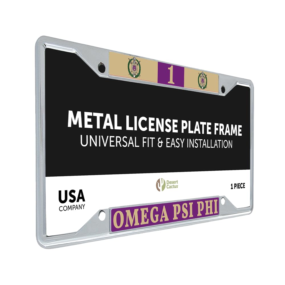 Desert Cactus Omega Psi Phi License Plate Frame Que Dogs Durable Car Tag Holder for Front or Back Display (Metal Car Tag Holder #1)