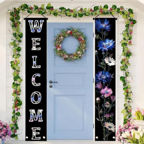 Image of BlissYard 2pcs Welcome Summer Door Banner Colorful Daisy Porch Banners Sign Cornflower Floral Front Door Hanging Decor Banner for Seasonal Home Hawaii Tropical Party Outdoor Decorations