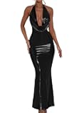 Memoriesea Women's Luxury Metallic Halter Neck Bodycon Party Evening Gown Maxi Dress