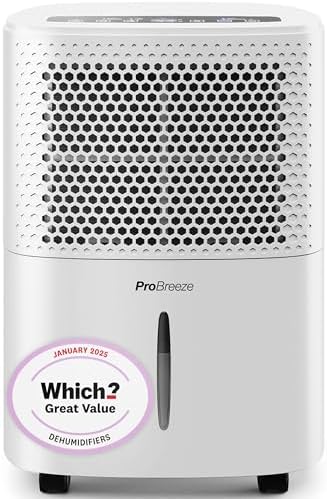 Front view of the Pro Breeze 12L Dehumidifier with white exterior and digital LED display