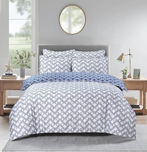 Majestic Giftware Madison Linen 6-Piece King Size Bedding Set (BL106-K) | Diamond Braid Blue Gray 300 TC Cotton Sateen Durable & Washable | 1 Fitted Sheet, 1 Duvet, 4 Pillowcases