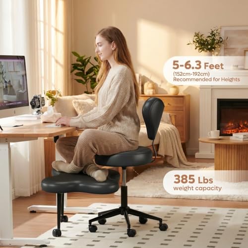 Image of Pinmoco Cross Legged Office Chair with Wheels, Ergonomic PU Leather Criss Cross Meditation Chair for ADHD, 360 Swivel Adjustable Height Desk Chair with Lumbar Support for Home Office Yoga, Black
