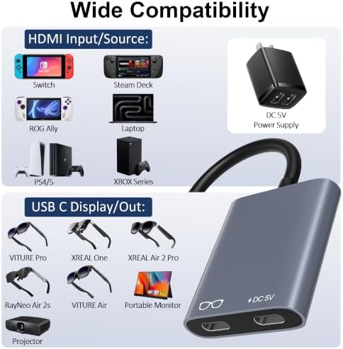 AR Glasses HDMI to USB C Adapter 4K@60Hz, XR Converter with Play & Charge for XREAL One/Air 2 Pro, VITURE Pro, RayNeo Air 2s, Rokid Max, Switch 2/1, Steam Deck, PS5/4, Xbox, ROG Ally, Portable Monitor
