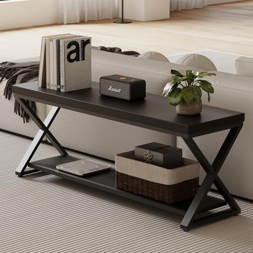 IBF Black Bench, Modern Entryway Bench for Bedroom, Wood Metal Storage Hallway Bench for Dining Living Room, Farmhouse Shoe Rack Indoor Accent Seating Bench for Foyer Entrance, Black Oak, 47 Inch Long - Thumbnail 6
