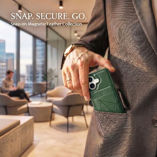 Image of amazon basics Premium Vegan Leather Back Cover with Card Holder and Integrated Mobile Stand for iPhone 16 - Slim Shockproof Wallet Case with Geometric Stitching [Green]