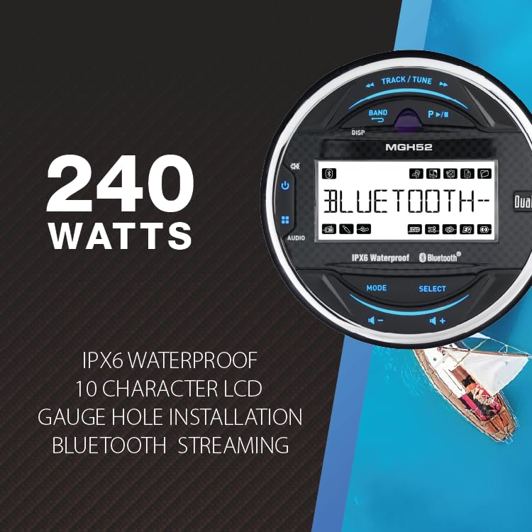 Image of Dual Electronics MXPGH52 Gauge Hole Marine Stereo IPX6 with 6.5 inch Speakers | IPX6 waterproof rating, two 6.5 inch marine speakers, wireless remote & antenna included, Bluetooth, complete gauge-mount kit