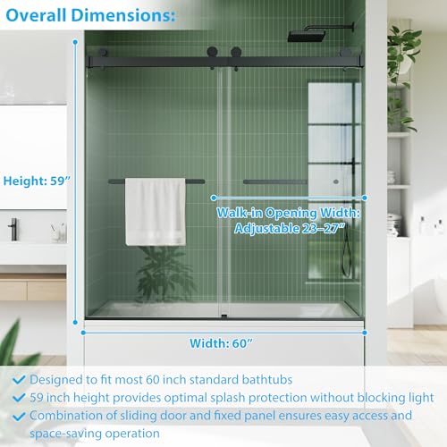 Image of Sliding Shower Door, 60 inch Wx59 inch H Glass Shower Door with Stainless Steel Frame, Double Sliding Panels, Matte Black Finish, Fits Bathtub and Bathroom