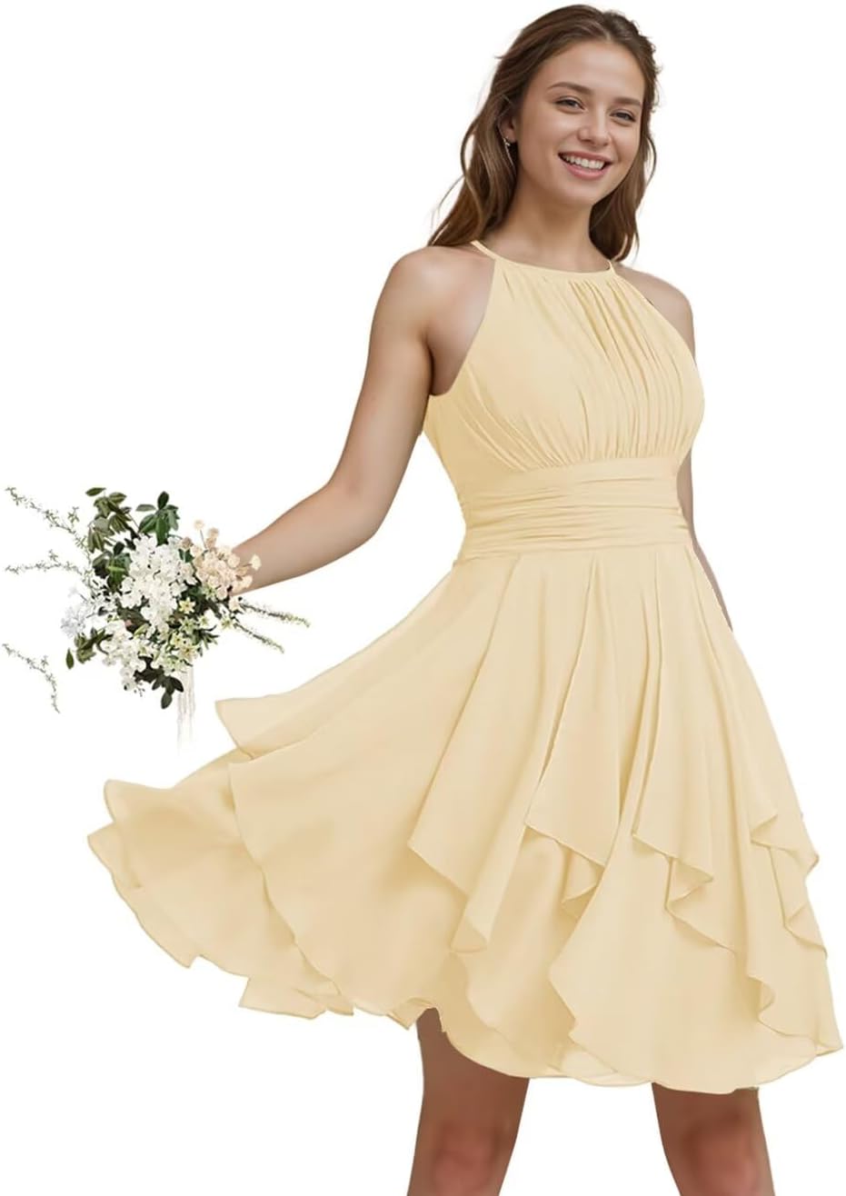 Short Homecoming Dresses for Teens Chiffon 2026 Halter Ruffle Mini Formal Evening Party Gowns with Pockets