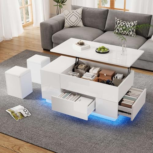 EURHCIO Table Basse Relevable 100 * 50 * 45cm,Table Basse Salon Blanche Moderne avec Plateau Déformable,Éclairage LED,2 Tabourets à Rangement,2...
