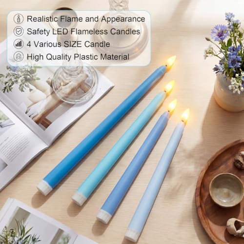 Image of Rossesay 48 Pcs Flameless LED Taper Candles Battery Operated Candles 4 Sizes of 8.5'', 9.65'', 10.83'', 12.8'' Flameless Candlesticks Flickering for Halloween Christmas Church Wedding(Blue)