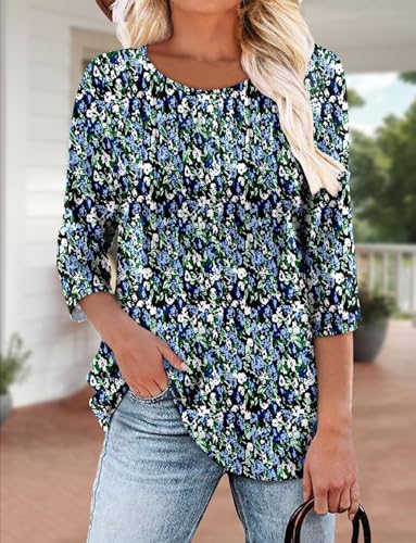 KISSMODA Tunic Tops for Women Loose Fit Dressy Round Neck Pleated 3/4 Length Sleeve Spring Tops