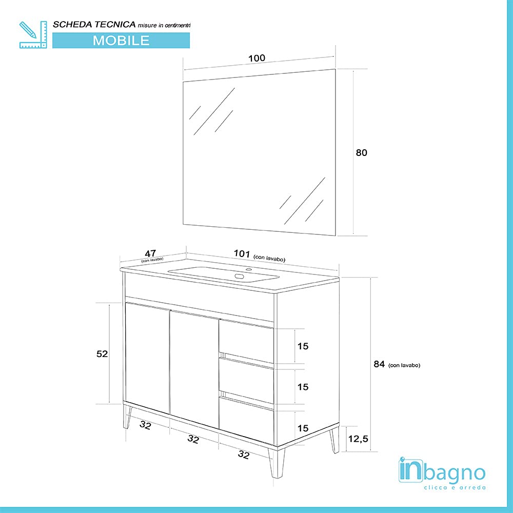 Inbagno Mobile Bagno a Terra 100 cm, Linea Way 3 cassetti + 2 Ante, Completo di lavabo e Specchio (Bianco Lucido)