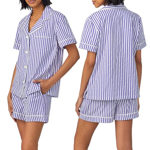Image of Bed Head PJs Women's Short Sleeve Woven Cotton Sateen Shorty Pajama Set - Organic, Soft, Lightweight, Classic Fit Sleepwear