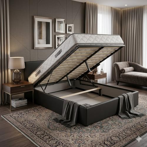 King of Dreams Ensemble Lit Coffre et Matelas 120x190 cm - Couleur : Noir - Sommier Relevable avec Vérins Hydrauliques - Matelas Soutien Très Ferme Haute...