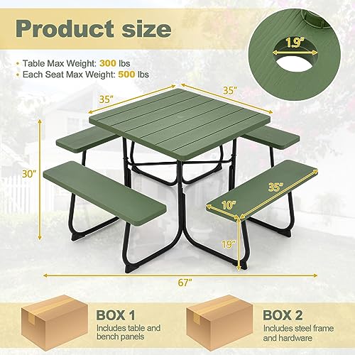 Image of Tangkula 8 Person Picnic Table, Outdoor Square Picnic Table with 4 Built-in Benches, Umbrella Hole, Metal Frame & HDPE Tabletop, Outside Table and Bench Set for Backyard, 2300lbs Weight Capacity