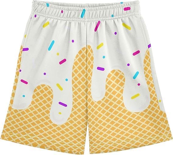 3 Stripes Boys Ice Cream Shorts, Ice Cream Baseball Shorts, Boys Summer Cute College Style, Elastic Waist Casual Pants4