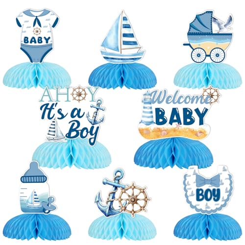 Kreatwow Nautical Baby Shower Table Centerpieces 8Pcs Ahoy It's A Boy Baby Shower Decorations Honeycomb Centerpieces Watercolor Nautical Table Decorations Ocean Anchor Boat Theme Birthday Supplies