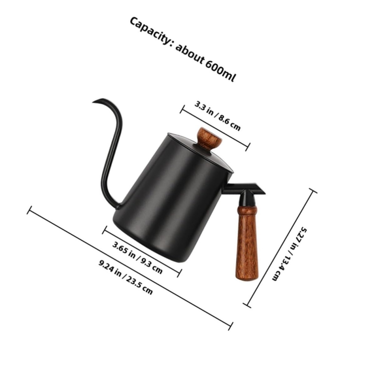 Bollitore Design Moderno ed Elegante per Caffè in Acciaio Inossidabile 600ml con Becco lungo Gooseneck e Manico in Legno per Versare con Precisione per Uso Domestico