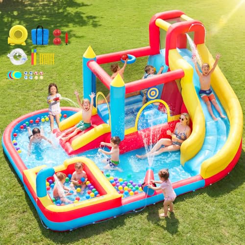 Image of Bounce House with Slide & Blower, Inflatable Water Park Bouncy Castle with Climbing Wall, Ball Pit & Water Cannon for Indoor Outdoor Backyard Play
