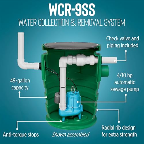 Image of Little Giant WCR-9SS 115 Volt, 4 /10 HP, 4800 GPH Automatic Outdoor Water /Seepage Collection and Removal System with Sewage Pump, 20' Piggyback Float Switch, Steel Cover, Green /Blue, 509082