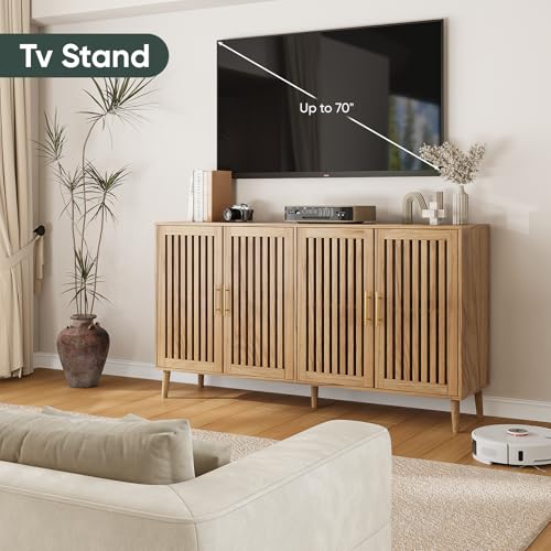 Image of Smart FENDEE 63 inch Long Sideboard Buffet with 4 Slatted Doors, Farmhouse Buffet Storage Cabinet with Adjustable Shelves, Coffee Bar Cabinet for Entryway, Kitchen, Dining Room, Living Room, Natural