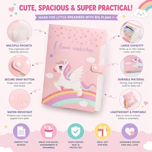 Image of Kids A4 File Folder with Button Lock | Cartoon Theme 6-Pocket Expandable Organizer for Certificates & Test Papers | Pink (Pack of 1)